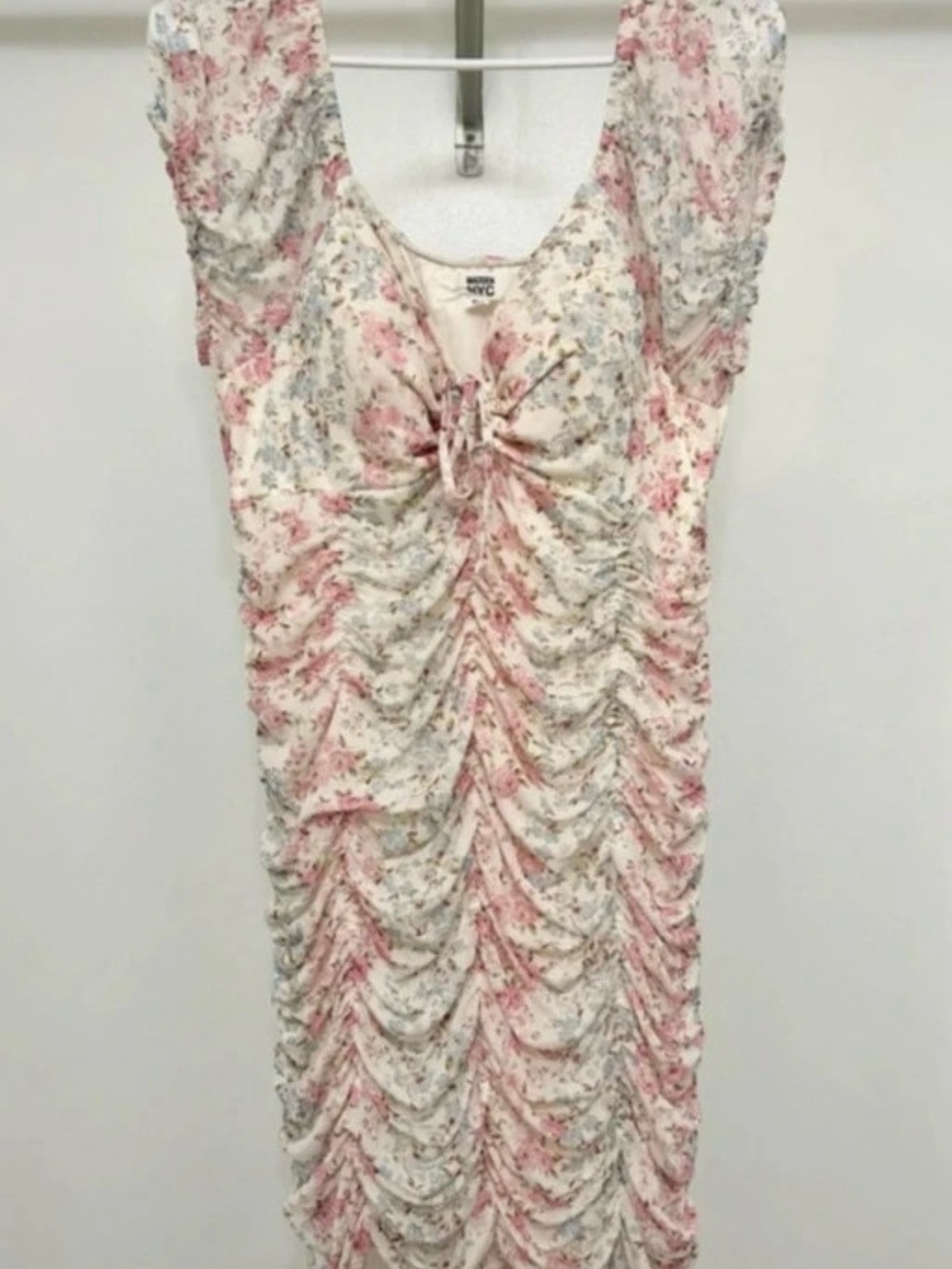 Madden NYC XXL Ruched Revealing Neck Mini Dress in Cream, Pale Blue and Pink